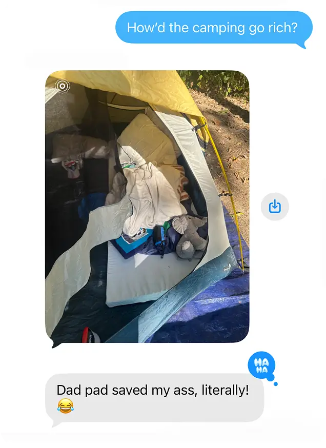 screenshot of a text chain of someone saying the dadpad saved them on a camping trip.
